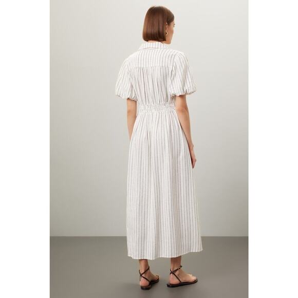 DEREK LAM COLLECTIVE White Stripe Linen Collar Knot Waist Shirt Dress Size 42 - Picture 3 of 15